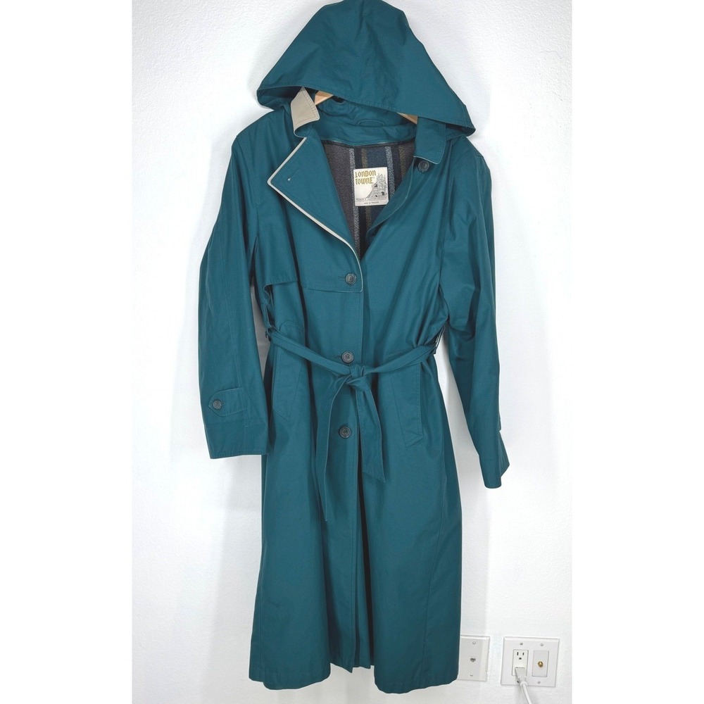 Towne London Fog Double Breasted Trench Coat Liner Women 12 P Blue Dark Academia